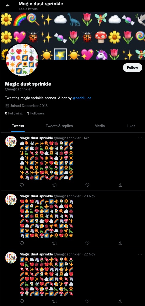 Screenshot of the Magic dust sprinkle Twitter profile (@magicsprinkler). Each tweet is a grid of emoji such as flowers, rainbows, unicorns, fairies, ladybirds and mushrooms.